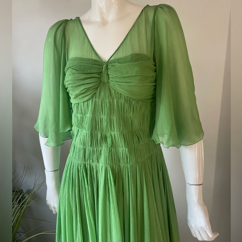 Chloé Gazon Green Silk Chiffon Ruched Maxi Dress T 42  us 6 Made in France - Picture 7 of 9